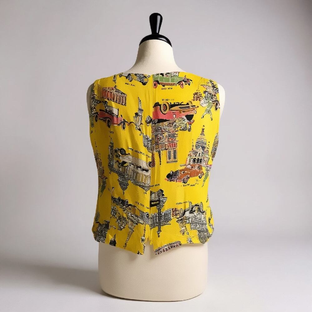 Vintage Criscione 100% Silk Top - Bold Yellow - Art Deco Cityscape - Picture 2 of 6